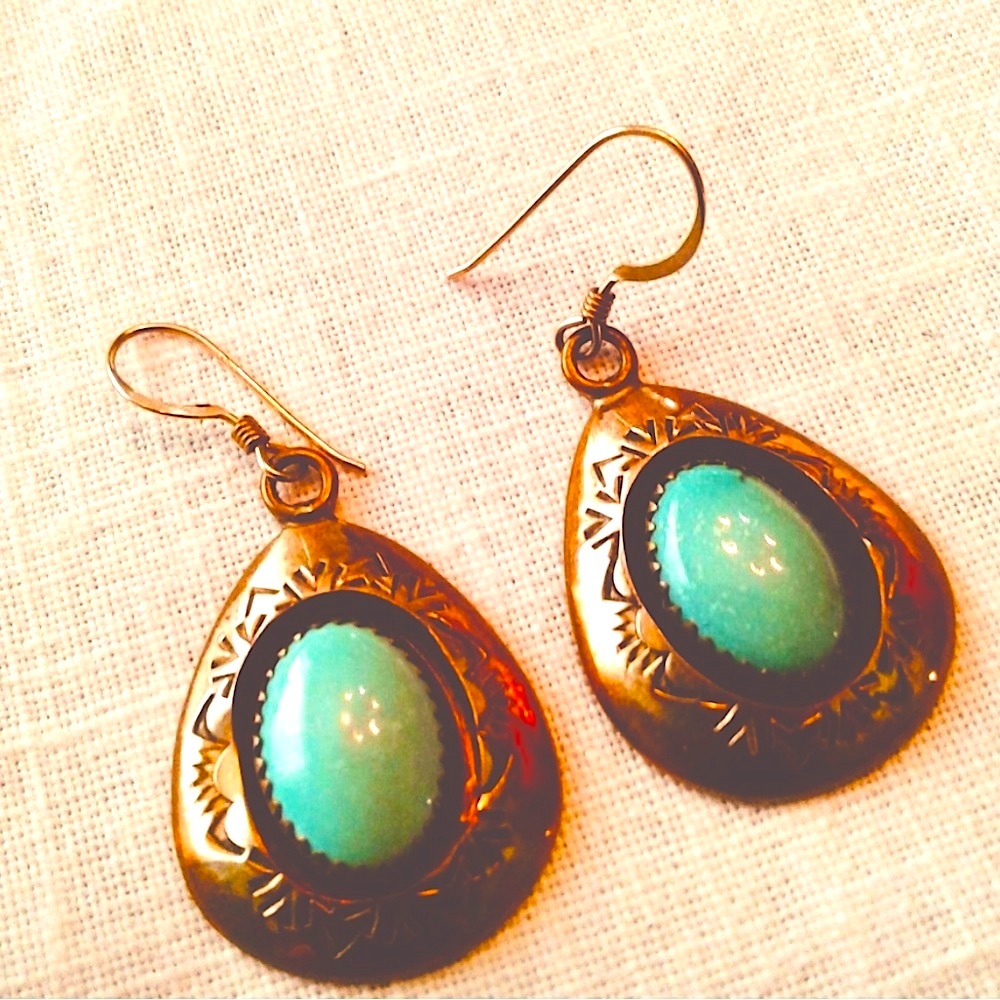 Native American Teddy Goodluck Navajo Vintage Turquoise 12 Kt Gold Earrings - Picture 3 of 10
